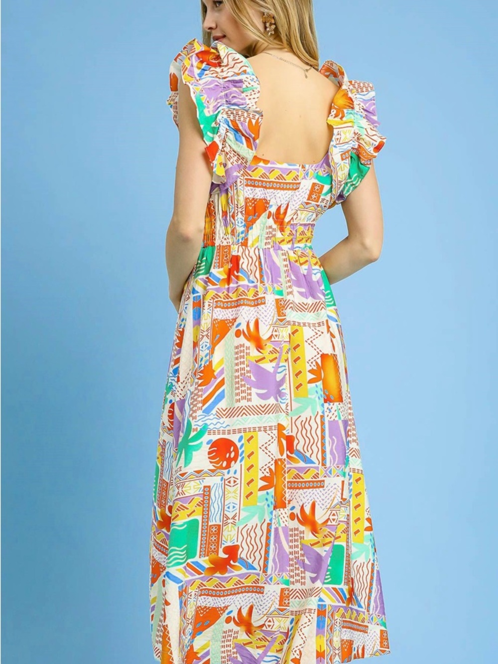 Umgee Tropical Patchwork Ruffle Midi Dress - Picture 3 of 5